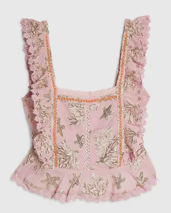 Pink Metallic Coral Print Ruffle Blouse