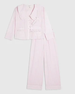 Pink Oversized Collar Striped Pyjama Set