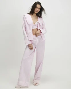 Pink Oversized Collar Striped Pyjama Set