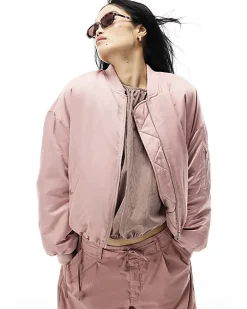 Pink Oversized Ruched Hem Bomber Jacket