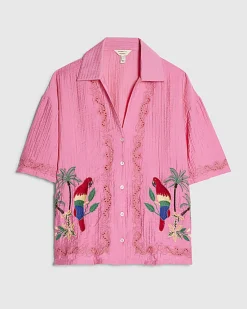 Pink Parrot Embroidered Broderie Top