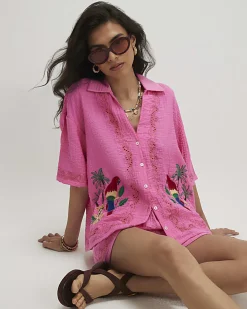 Pink Parrot Embroidered Broderie Top