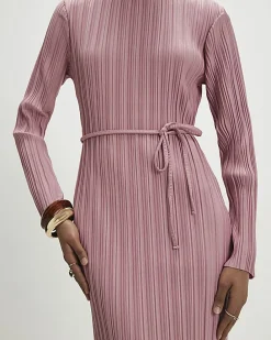 Pink Plisse Belted Midi Dress