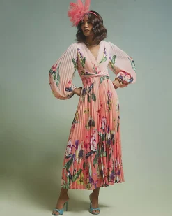 Pink Premium Plisse Floral Midi Dress