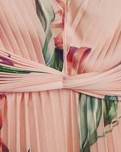 Pink Premium Plisse Floral Midi Dress