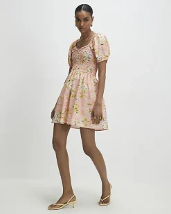 Pink Puff Sleeve Floral Shirred Mini Dress