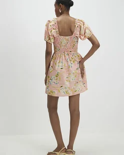 Pink Puff Sleeve Floral Shirred Mini Dress