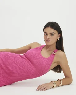 Pink Rib Knit Buckle Midi Dress
