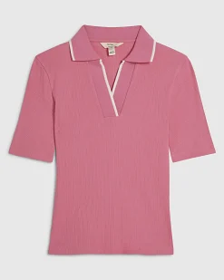 Pink Ribbed Polo Top