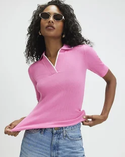 Pink Ribbed Polo Top