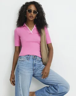 Pink Ribbed Polo Top