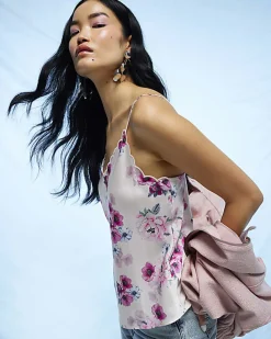 Pink Satin Floral Scallop Trim Cami Top