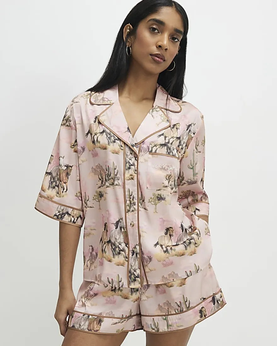 Pink Short Sleeve Horse Print Pyjama Set