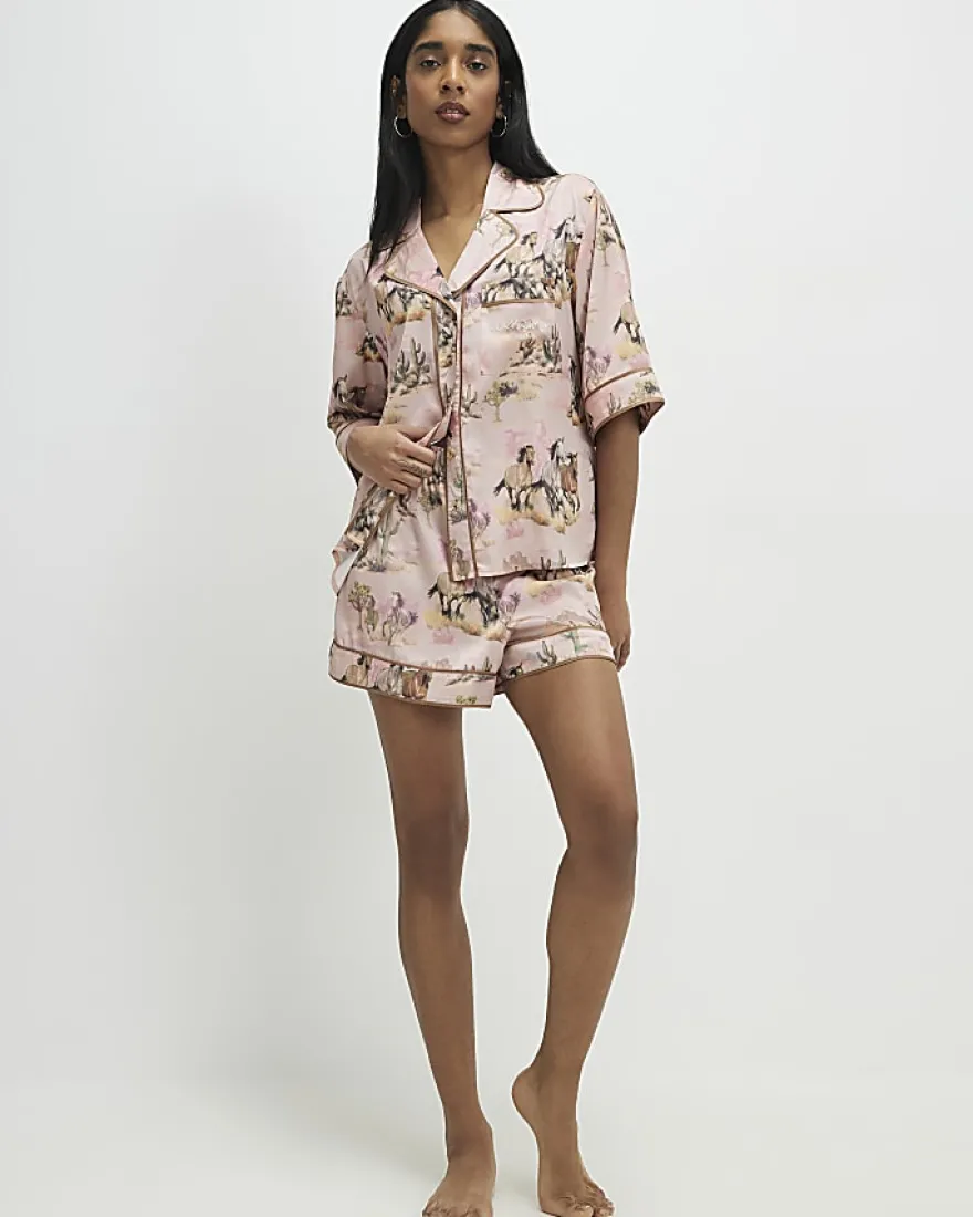 Pink Short Sleeve Horse Print Pyjama Set