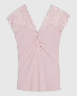 Pink Short Sleeve Lace Trim Ruched Top
