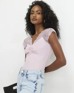 Pink Short Sleeve Lace Trim Ruched Top