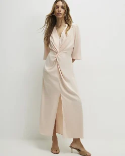 Pink Short Sleeve Twist Front Midi Dress