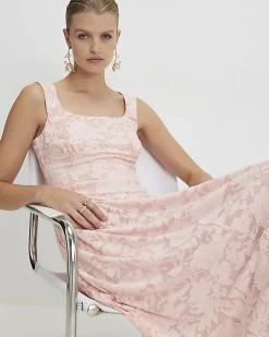 Pink Sleeveless Devore Burnout Midi Dress
