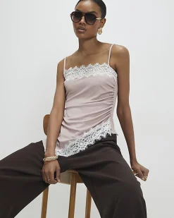 Pink Sleeveless Lace Trim Cami Top