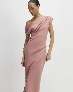 Pink Stretch Draped Midi Dress