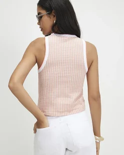 Pink Stripe Palm Tree Embroidered Tank Top