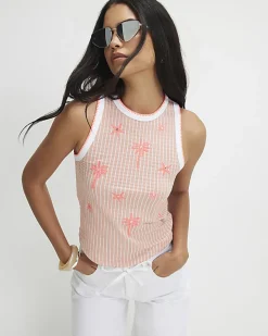 Pink Stripe Palm Tree Embroidered Tank Top