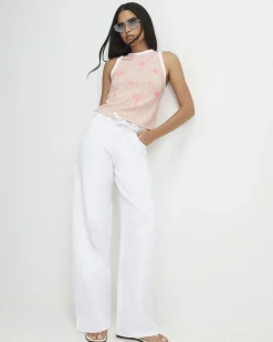 Pink Stripe Palm Tree Embroidered Tank Top