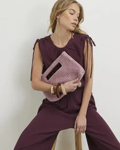 Pink Suede Woven Clutch Bag