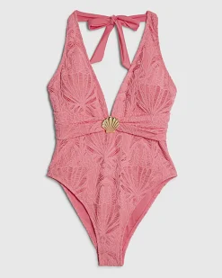 Pink Texture Shell Trim Swimsuit