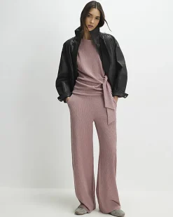 Pink Textured Wide Leg Trousers
