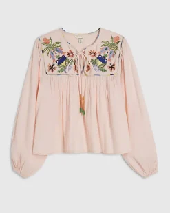 Pink Tropical Embroidered Smock Blouse