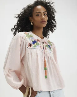Pink Tropical Embroidered Smock Blouse