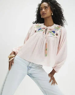 Pink Tropical Embroidered Smock Blouse