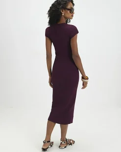 Purple Cap Sleeve Ribbed Midi Dress