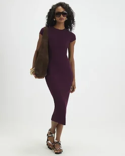Purple Cap Sleeve Ribbed Midi Dress