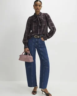 Purple Check Print Pussybow Blouse