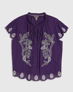 Purple Cotton Broderie Tie Neck Blouse