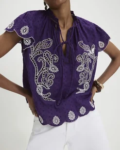 Purple Cotton Broderie Tie Neck Blouse