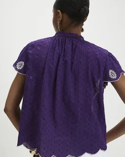 Purple Cotton Broderie Tie Neck Blouse