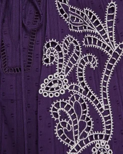 Purple Cotton Broderie Tie Neck Blouse