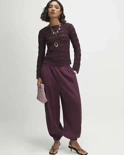 Purple Crochet Knit Boat Neck Jumper