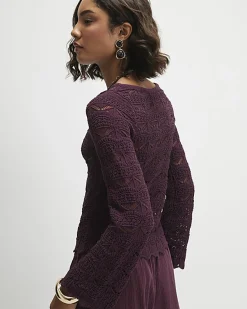 Purple Crochet Knit Boat Neck Jumper