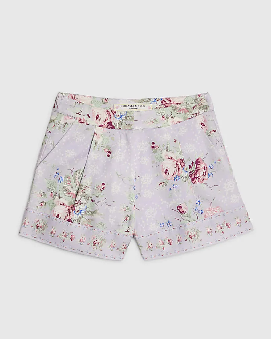 Purple Floral Printed Cotton Shorts