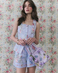 Purple Floral Printed Cotton Shorts