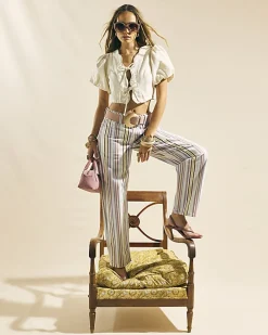 Purple Mid Rise Stripe Barrel Leg Jeans