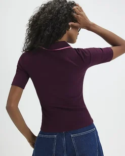 Purple Short Sleeve Ribbed Polo Top