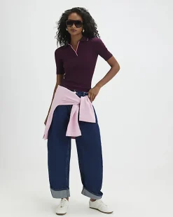 Purple Short Sleeve Ribbed Polo Top