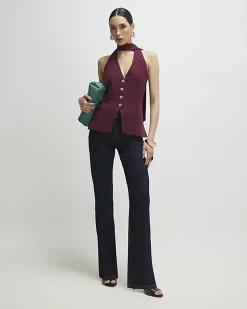 Purple Sleeveless Scarf Neck Waistcoat