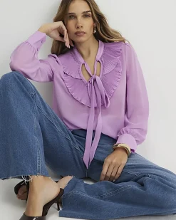 Purple Tie Neck Long Sleeve Blouse