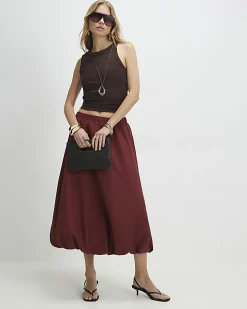Red Bubble Hem Midi Skirt